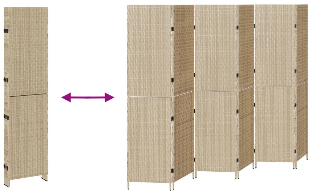 6 paneles térelválasztó, hajtható, bézs, 294x180 cm, poly rattan