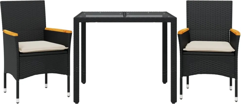 vidaXL 3 részes fekete polyrattan/üveg kerti étkezőgarnitúra párnákkal