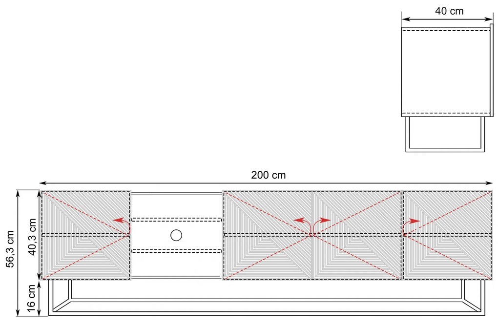 Asha RTV szekrény 200 cm bordázott előlappal és fém vázzal - artisan / rivier stone matt