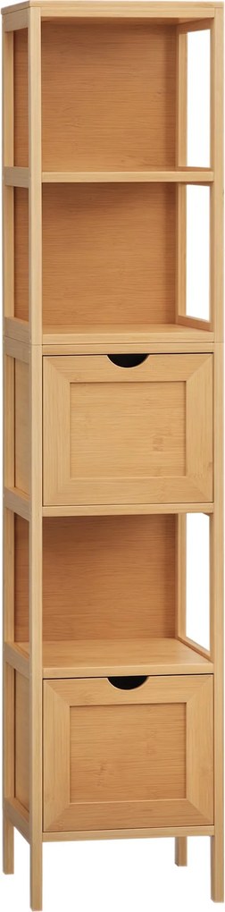 Kleankin Fürdőszobaszekrény 2 Fiókkal, 3 Polccal, Bambusz Oldalszekrény Karcsú Tárolószekrény fürdőszobához és Nappaliba 30 x 30 x 140 cm Természetes
