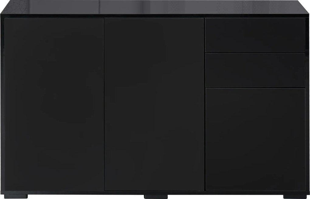 HOMCOM Büfé Szekrény Tárolószekrény 2 Fiókkal, 3 Ajtóval, Állítható Polccal, Részecskelemez, 117 x 36 x 74 cm Fekete | Aosom