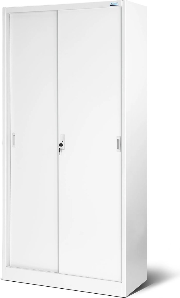 Fehér, tolóajtós fém irodai szekrény, 900x1850x400 mm: KUBA