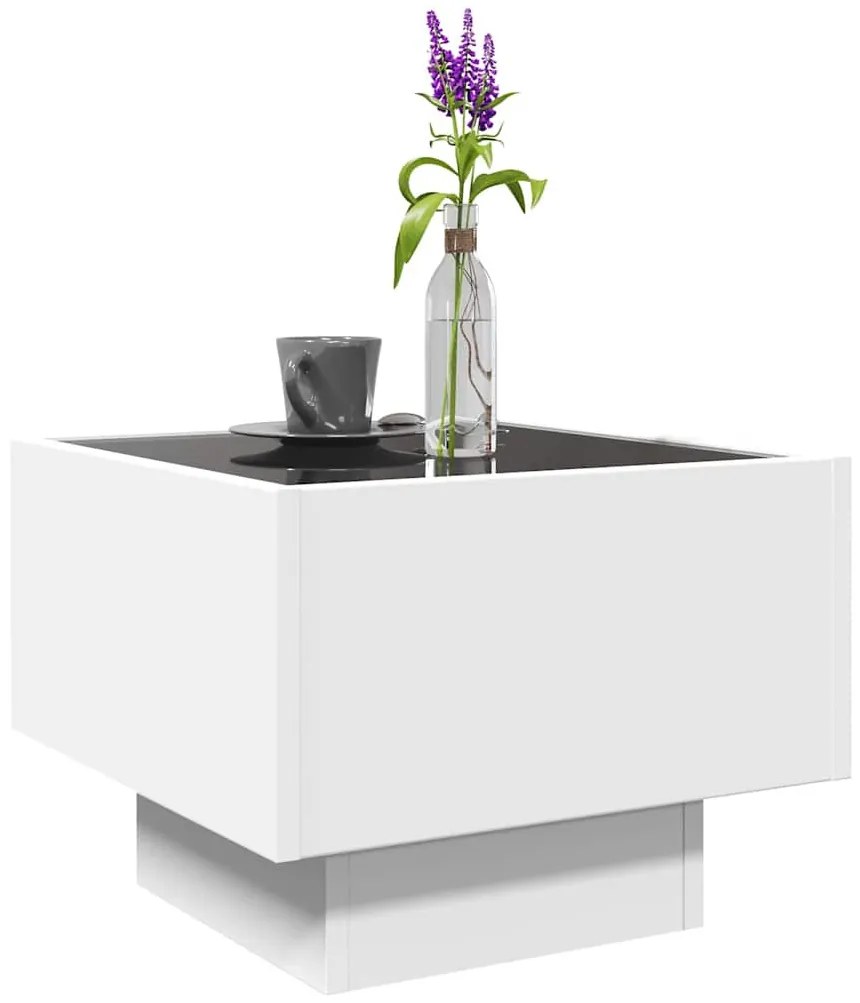 Fehér szerelt fa kisasztal LED-del 40 x 40 x 30 cm