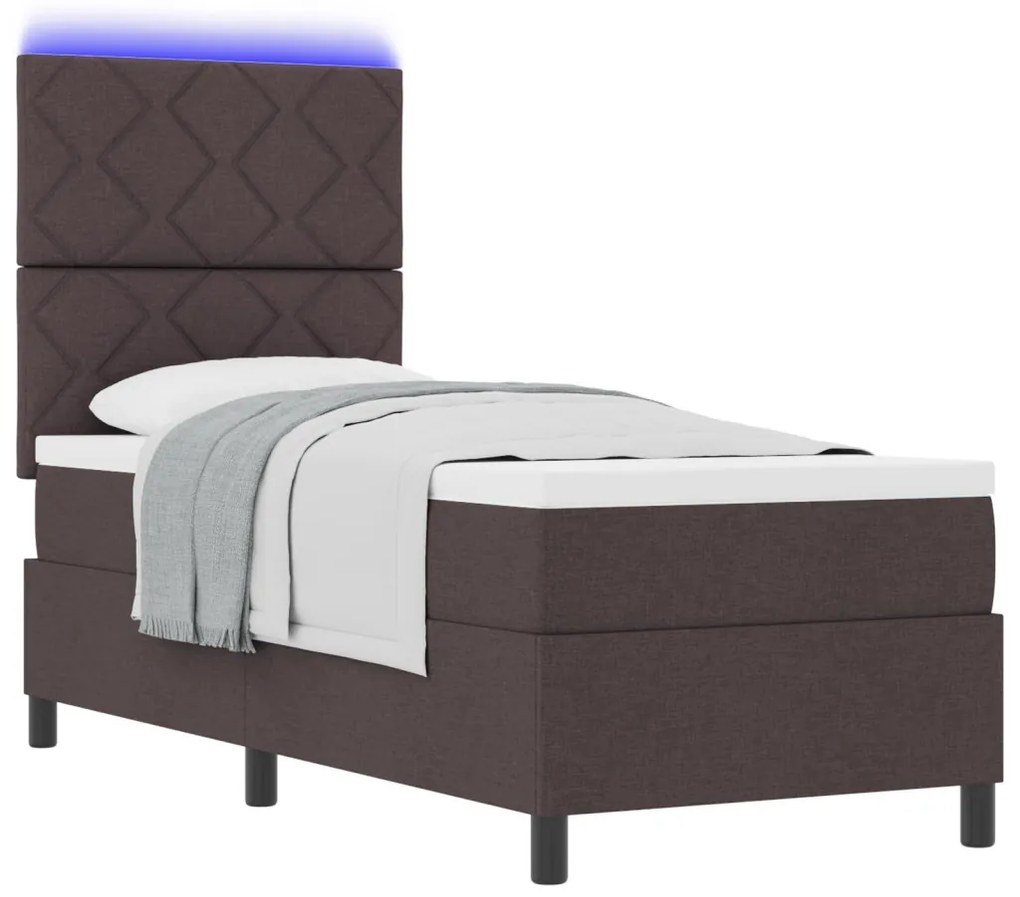 Rugós ágy matraccal és LED világítással sötétbarnában, 80 x 200 cm-es szövet