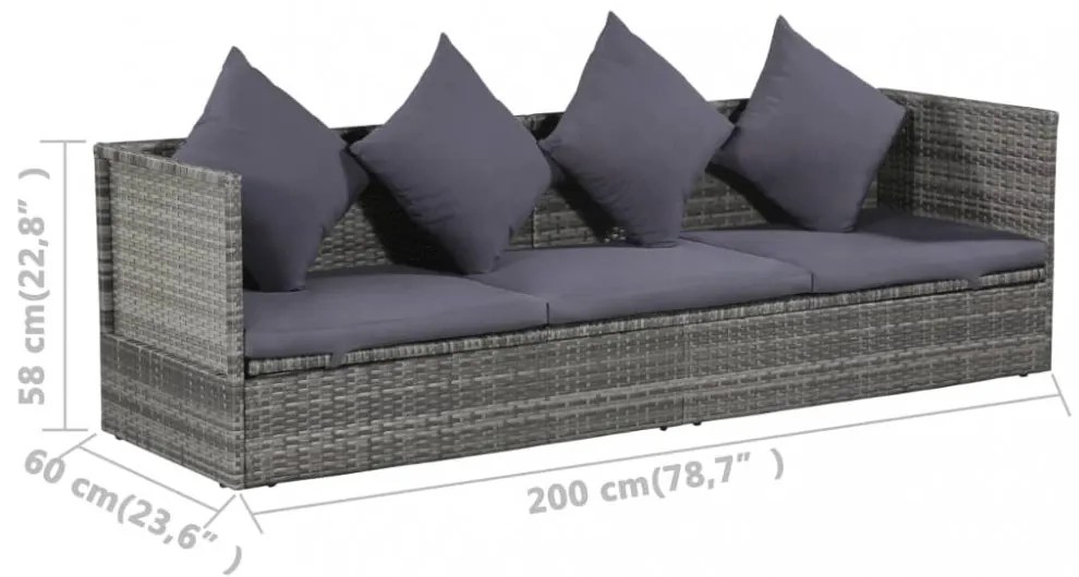 szürke polyrattan kerti ágy 200 x 60 cm