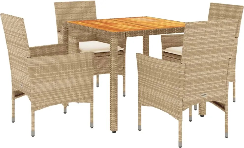 vidaXL 5 részes bézs polyrattan/akácfa kerti étkezőgarnitúra párnákkal