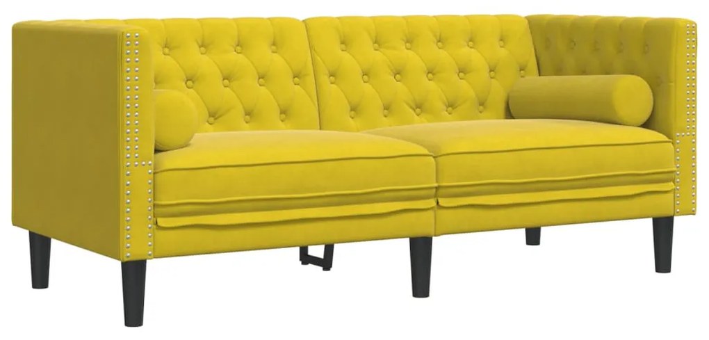 2 személyes sárga bársony Chesterfield kanapé hengerpárnákkal