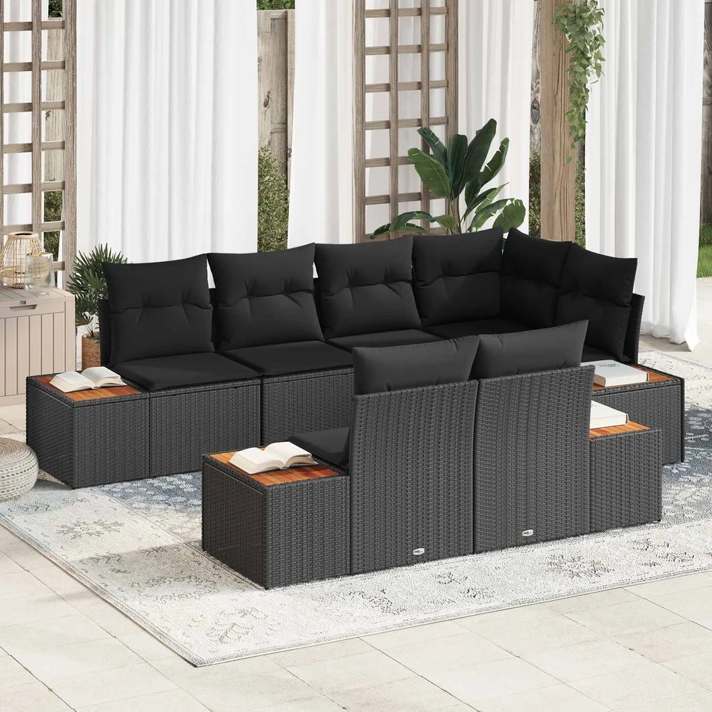vidaXL Kerti Kanapé Szett párnával tárolóval 7 pcs Fekete Polyrattan