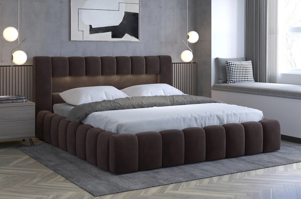 Franciaágy 160 cm Luxa (sötétbarna) (ágyráccsal, tárolóhellyel, LED-világítással). Akció -17%. 1041561