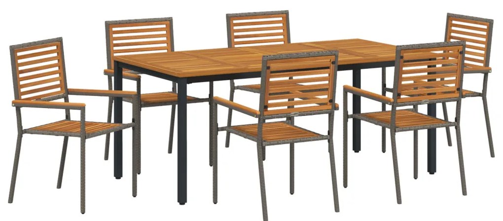 7 Darabos Kert Étkező Szett Szürke Polyrattan Akác, Összeépíthető Kerti Székek Párnákkal 2 db Szürke Polyrattan, Kerti Asztal 180x90x75 cm Szilárd Akác Fa és Fém