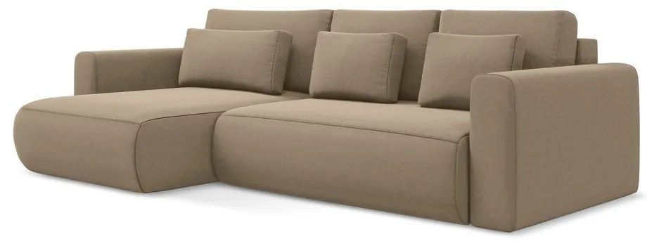 Világosbarna bársony kinyitható-tárolóhelyes sarokkanapé (bal oldali-heverő résszel) Kapua – Makamii