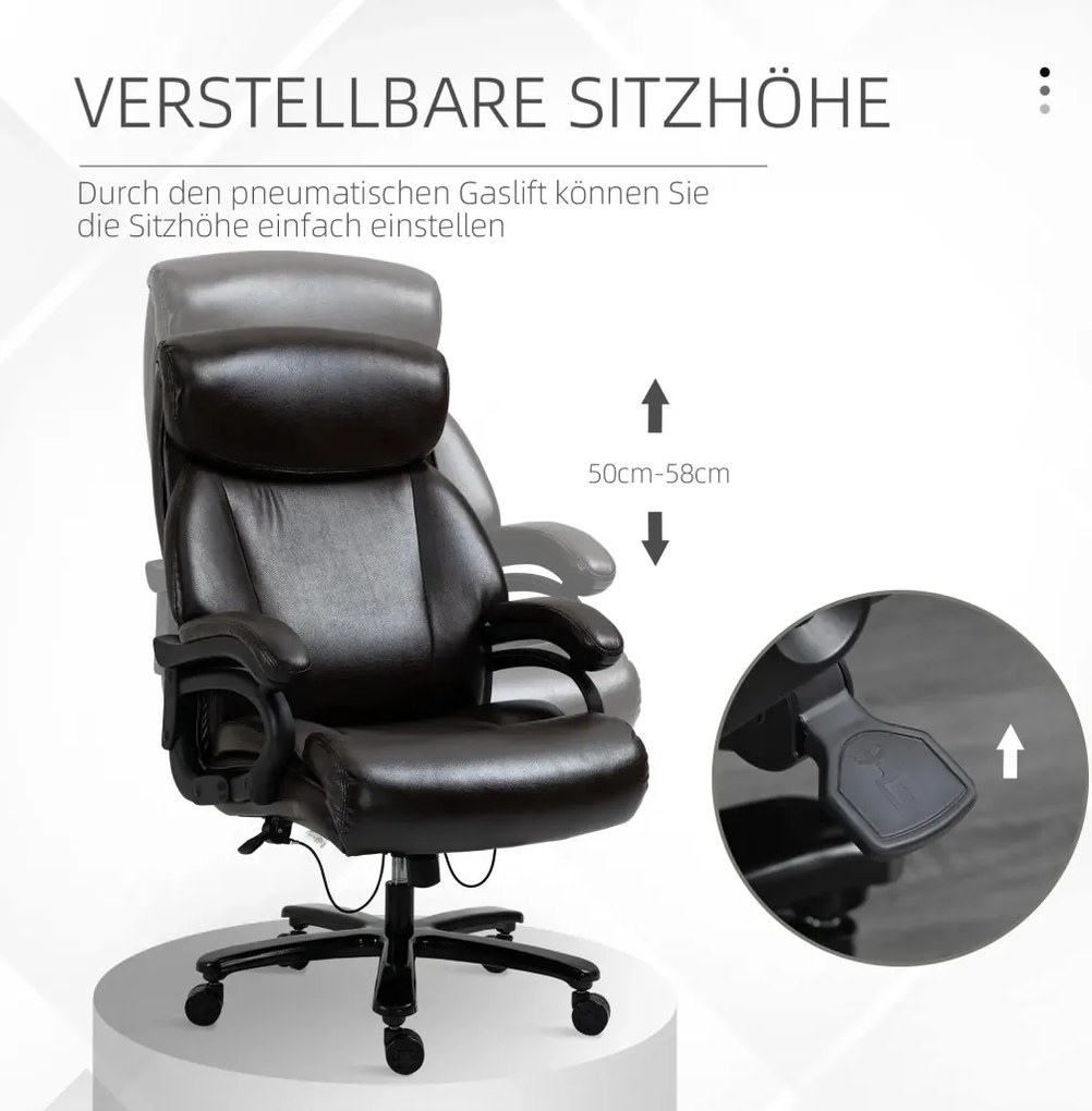 Vinsetto Főnöki irodai szék, 180 kg teherbírás, ergonomikus kialakítás, állítható magasságú, műbőr, barna.