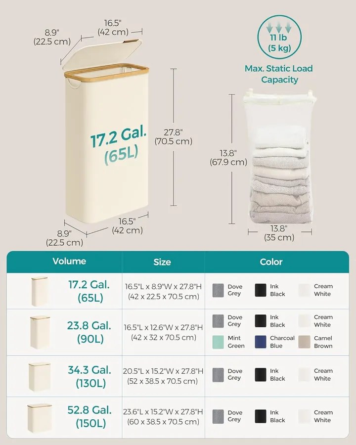 Keskeny szennyeskosár fedéllel, 65 L, krémfehér