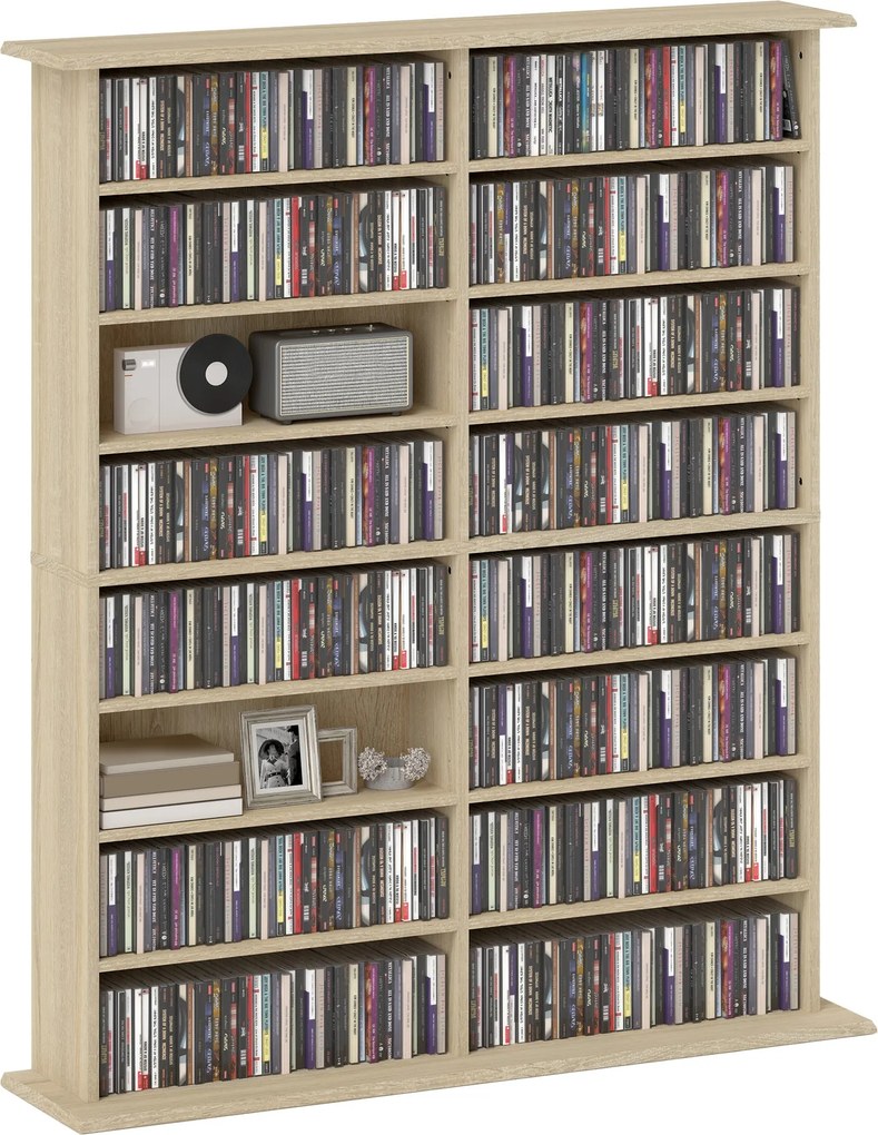 HOMCOM CD és DVD tároló, multimédia tárolóegység 16 rekesszel és 12 állítható polccal, max. kapacitás 720 CD/396 DVD és Blu-ray, 106,5 x 24 x 123,7 cm