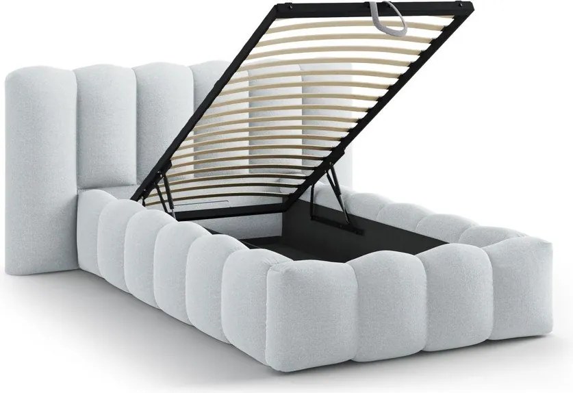 Világosszürke kárpitozott ágyneműtartós egyszemélyes ágy ágyráccsal 90x200 cm Lupine – Micadoni