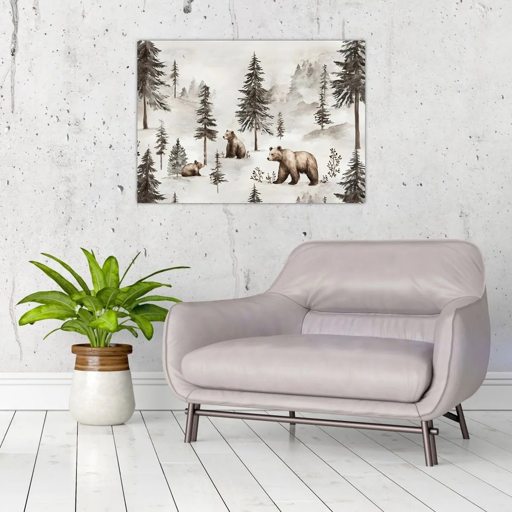 Üveg kép - Erdő medvékkel (70x50 cm)