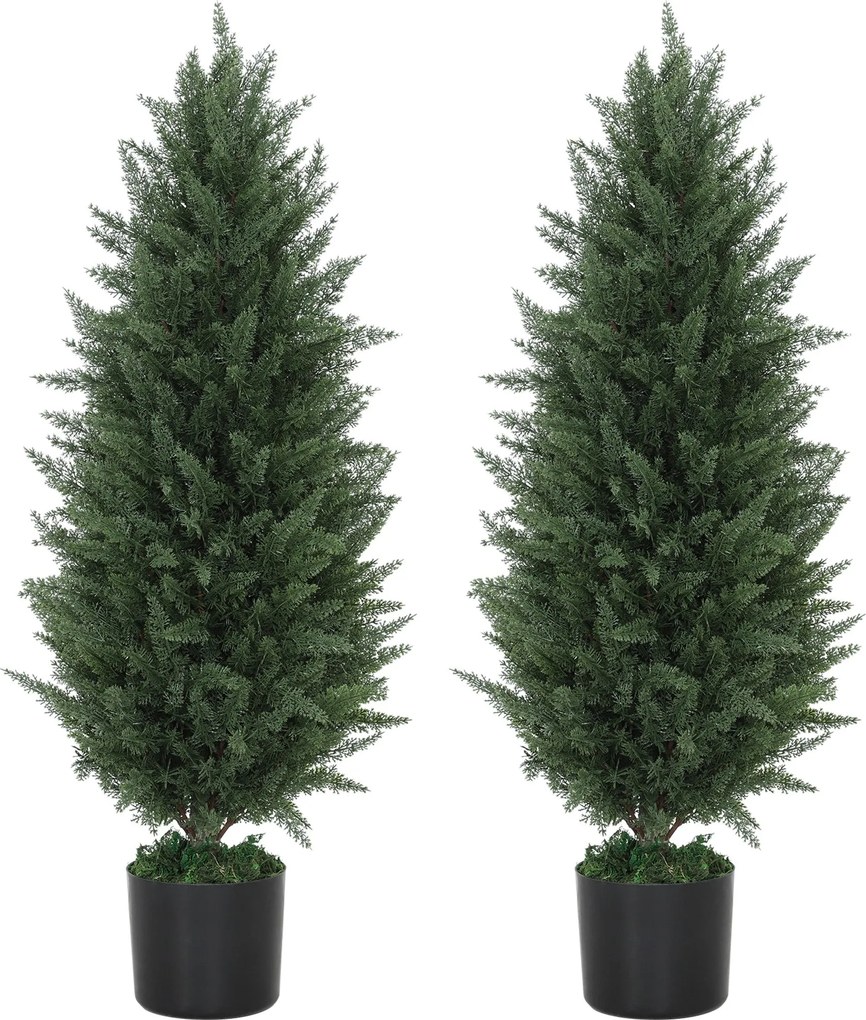 HOMCOM Mesterséges Ciprus 2 darabos készlet 90 cm-es mesterséges növényekkel, cserépben, UV-álló mesterséges fa, mint egy valósághű dekoráció a nappal