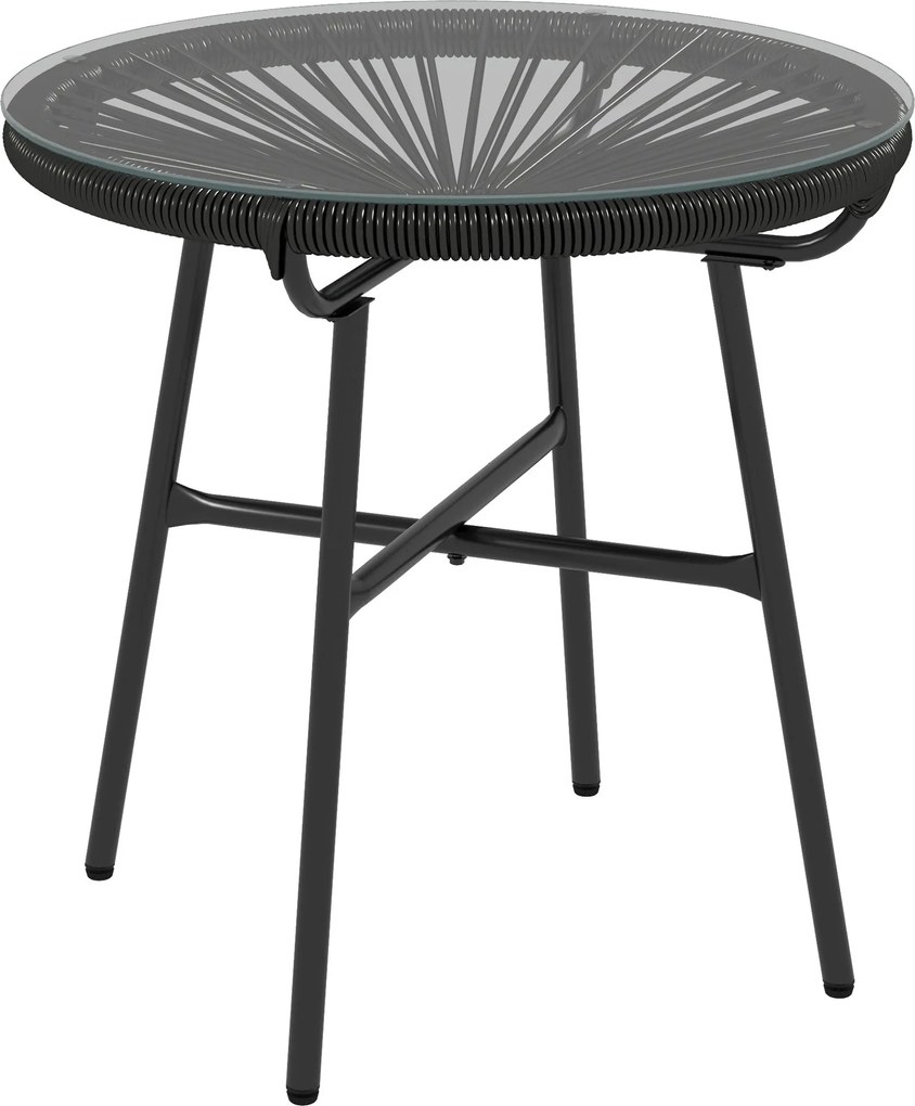 Outsunny Rattan Téglalap Asztal, Bistro Asztal, Üveg Asztallapú Kávézó Asztal, Kör Minta Kerti Asztal, Teraszhoz, Erkélyhez, Fekete, 50 x 50 x 50 cm |