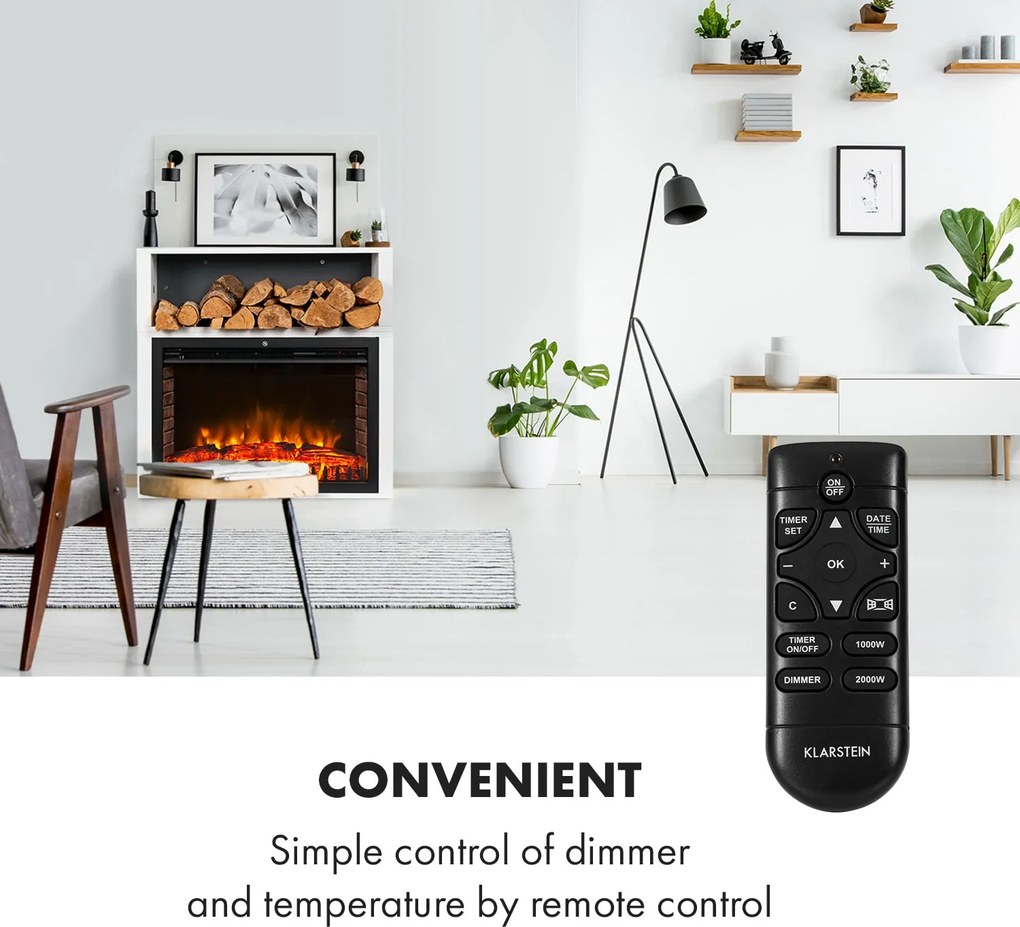 Klarstein Mauna Loa, elektromos kandalló, 2000 W, LED lángok, távirányító, polc fahasábok részére, fehér