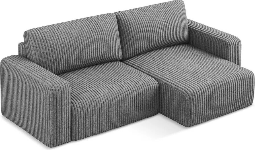 Szürke kordbársony kinyitható-tárolóhelyes sarokkanapé (jobb oldali-heverő résszel) Kona – Makamii