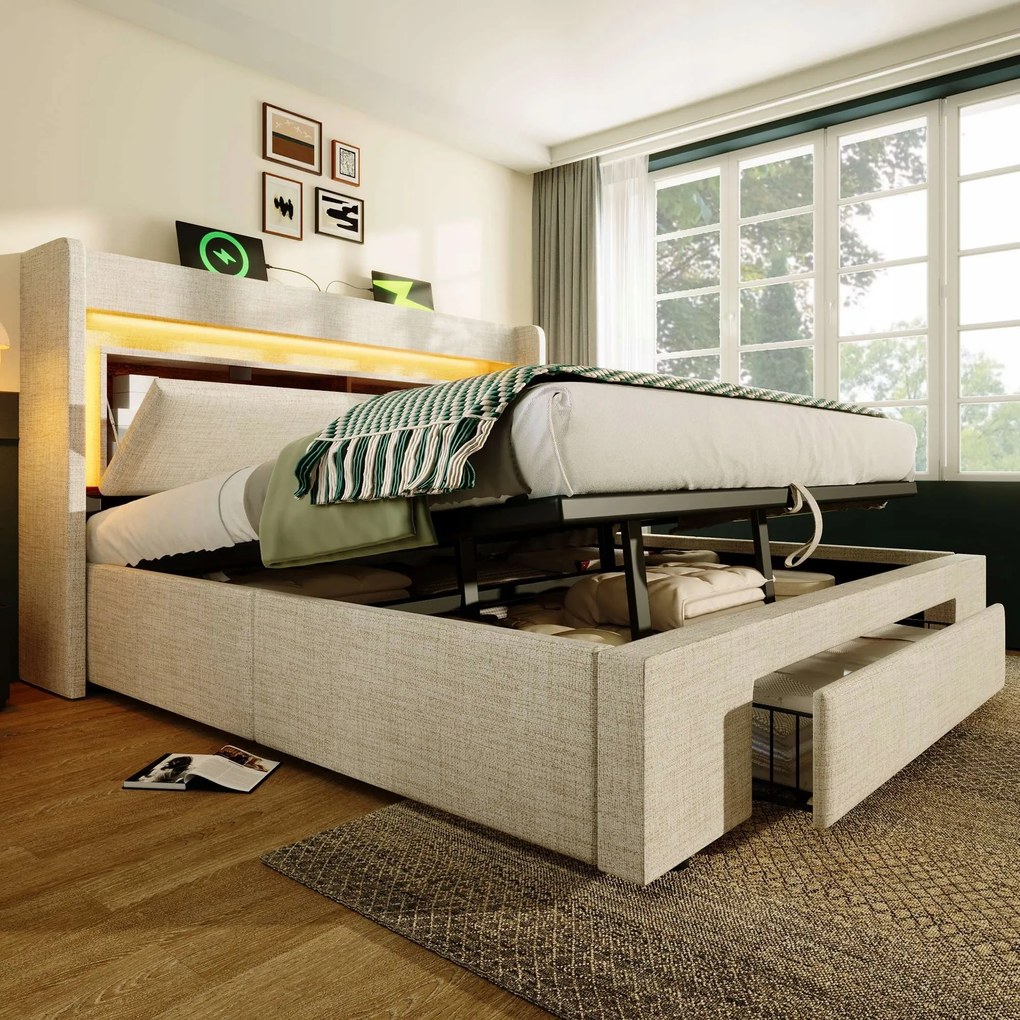 Kárpitozott ágy kétszemélyes ágy Hidraulikus Led Usb C 140X200CM+Matrac