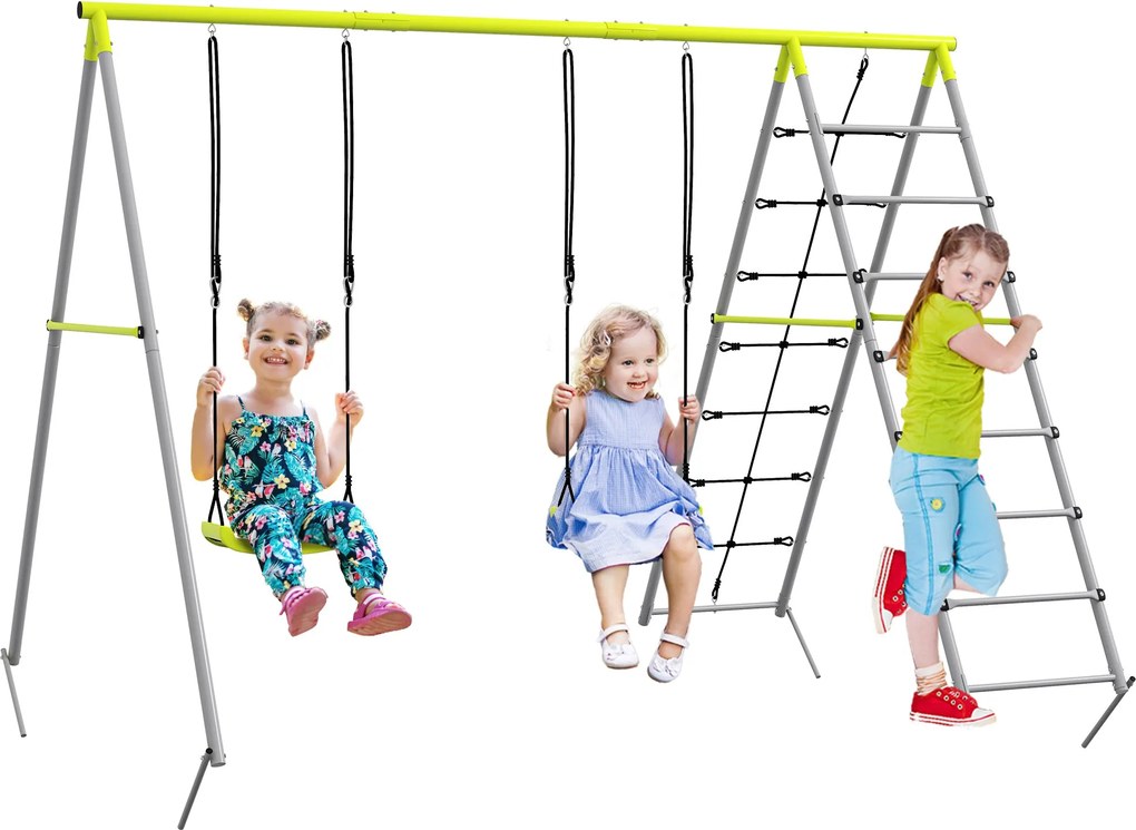Outsunny Gyerek Hinta Szett - Fém Swing Keret, Dupla Hinta, Mászóhálóval, Létra, Kerti Hinta 3-8 éves gyerekek számára, Acél, Zöld | Aosom