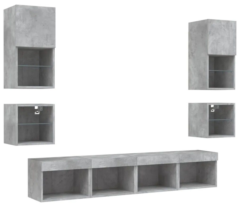 8 darab betonszürke szerelt fa fali TV-bútor LED-del