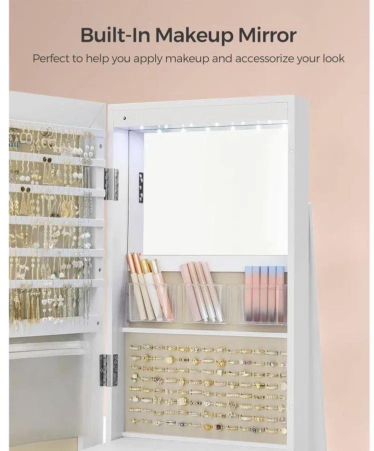 SONGMICS ékszerszekrény, tükrös szekrény 360°-ban forgatható, fehér felülettel és greige