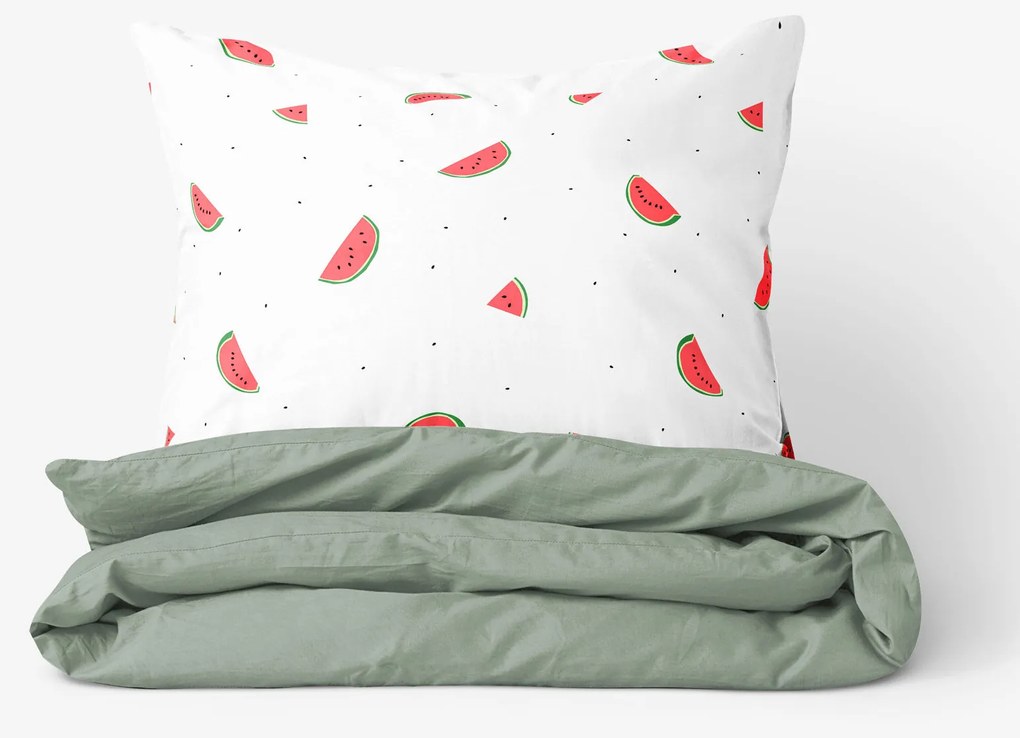 Goldea pamut ágyneműhuzat duo - görögdinnyék, zsálya színű hátoldal 140 x 200 és 70 x 90 cm