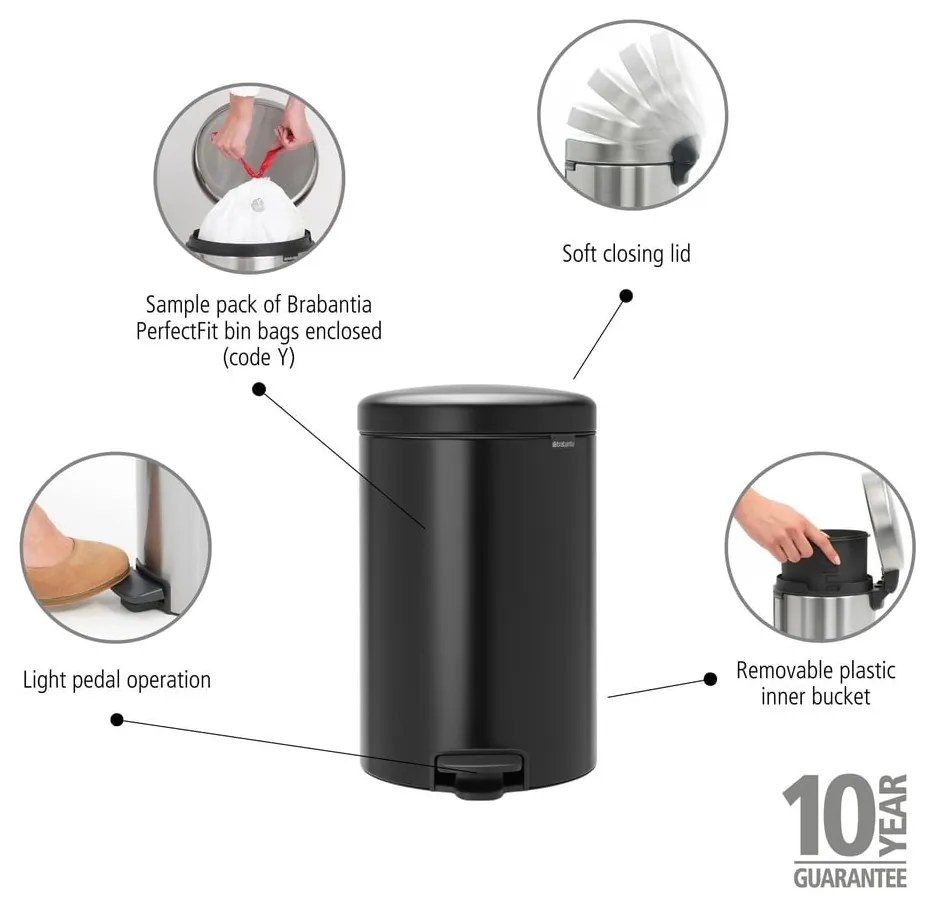 Matt fekete acél pedálos szemetes 20 l NewIcon – Brabantia