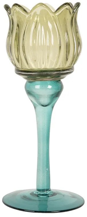 Üveg mécsestartó tulipán kehely alakú 7x19 cm kék zöld