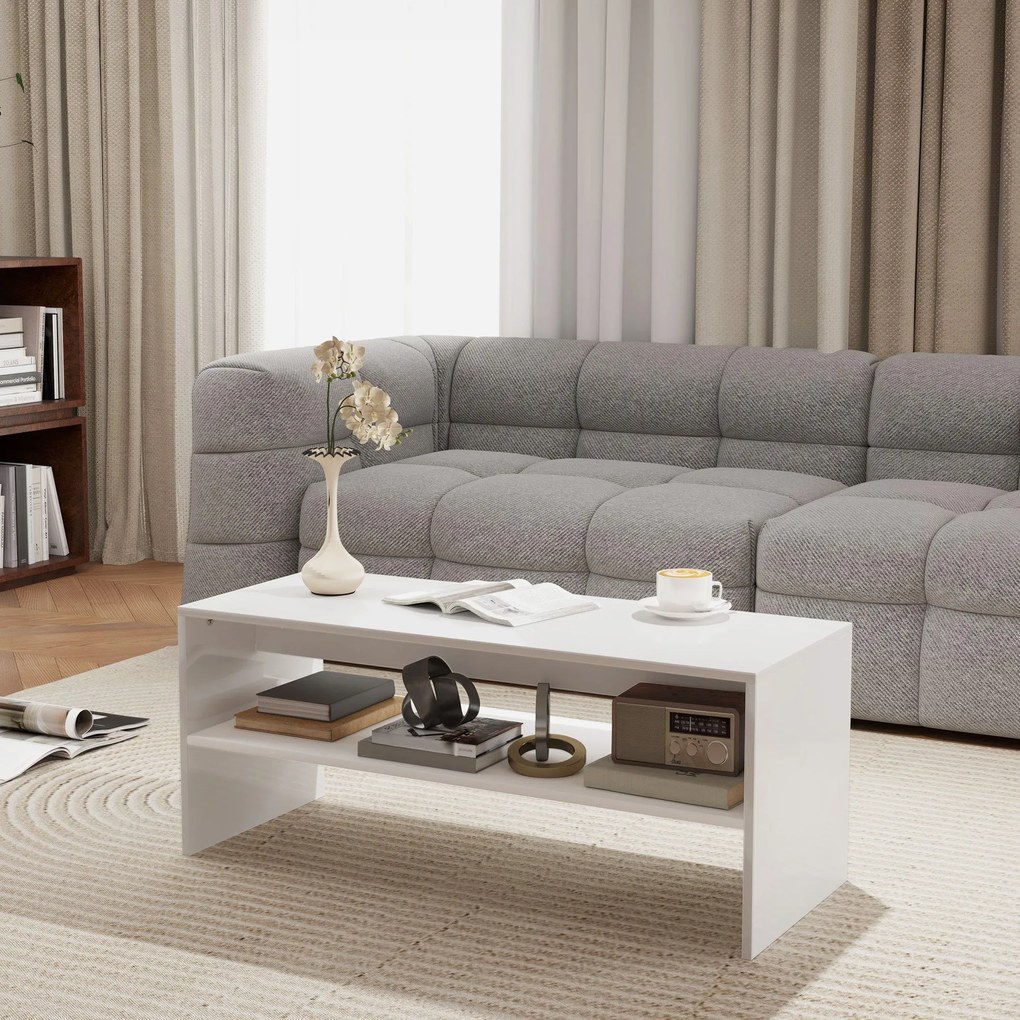 HOMCOM Kávézóasztal, Oldal Asztal Nyitott Rekesszel, Középasztal Nappalihoz Étkezőhöz 100x40x41,5 cm Fényes Fehér | Aosom