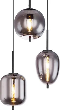 Globo 15345-3 Függeszték fekete fém váz, füstszínű 3 különböző méretű, és formájú üvegbúrával. Ø:460, H:1200, exkl. 3xE14 40W 230V
