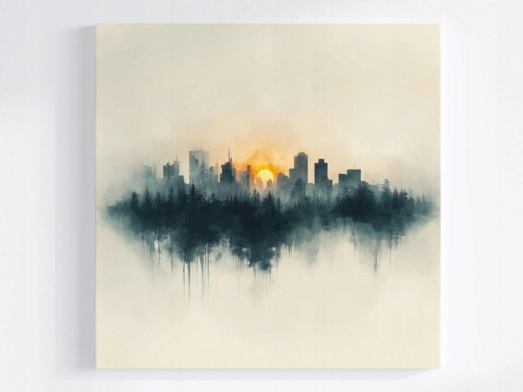 Vászonkép Canvas Grafika Város Panoráma Nap Erdő Akvarell 80x80