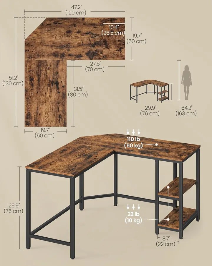 Számítógépasztal, L-alakú sarokasztal, 120 x 130 x 76 cm, rusztikus barna és fekete