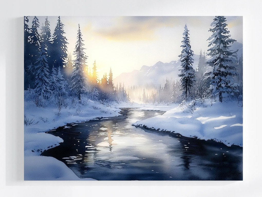 Vászonkép Canvas Tájkép Hegyek Csúcsok Erdő Folyó Tél Hó 100x75