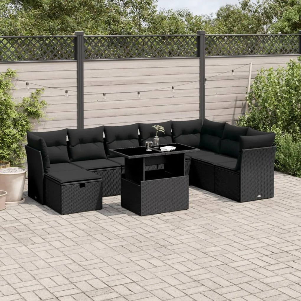 9 részes fekete polyrattan kerti ülőgarnitúra párnákkal