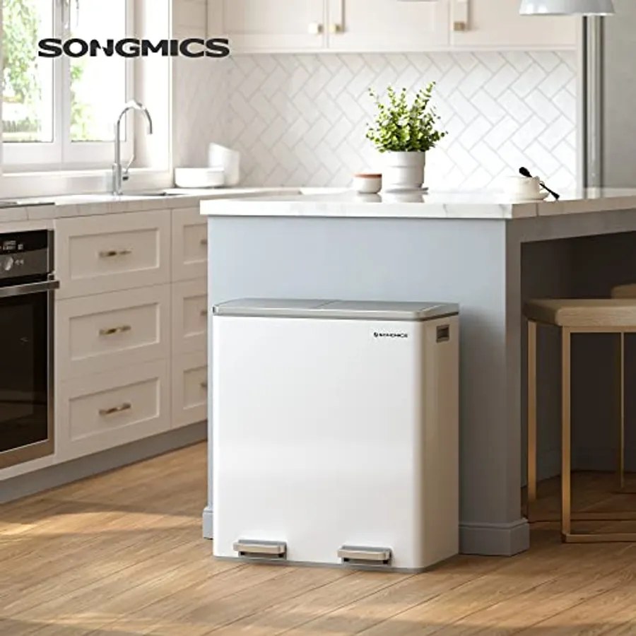 SONGMICS dupla szemetes, fém szelektív hulladékgyűjtő 15 szemeteszsákkal, 2 × 30 L, fehér–szürke