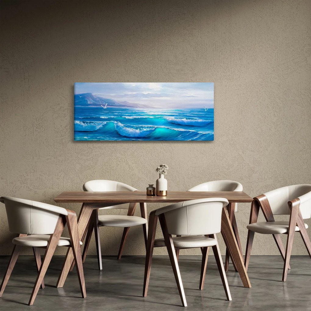 Kép - Olajfestmény a tengerről sirályokkal (120x50 cm)