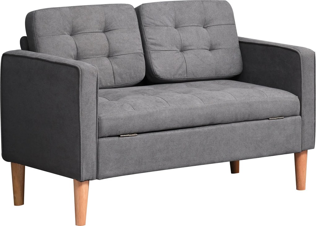 HOMCOM 2 Személyes Kanapé, Tárolós Kanapé, Fa Lábakkal, Párnázott Szövet Hatású Kanapé Nappaliba, Hálószobába, 117 x 62 x 78 cm, Szürke | Aosom