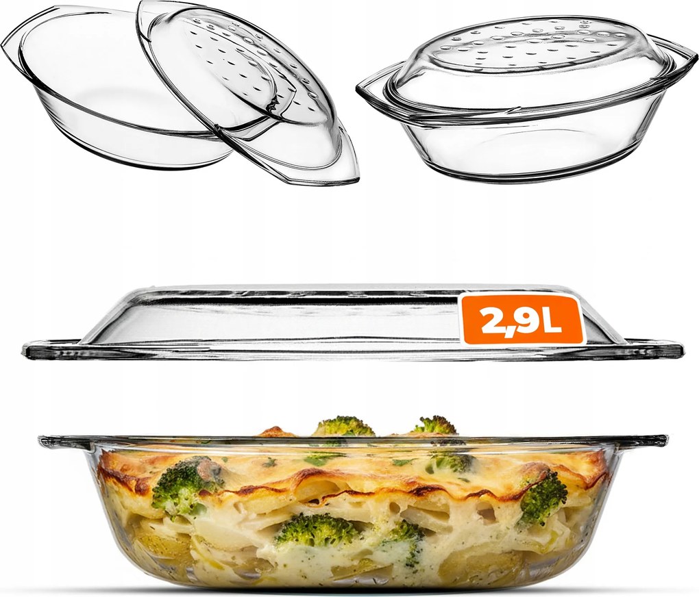 Hőálló Edény Fedővel 2,9 L-es Sütéshez Ovális Üveg Forma