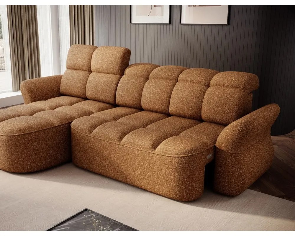 Sárga-barna bársony kinyitható-tárolóhelyes sarokkanapé (bal oldali-heverő résszel) Beneth – ELTAP