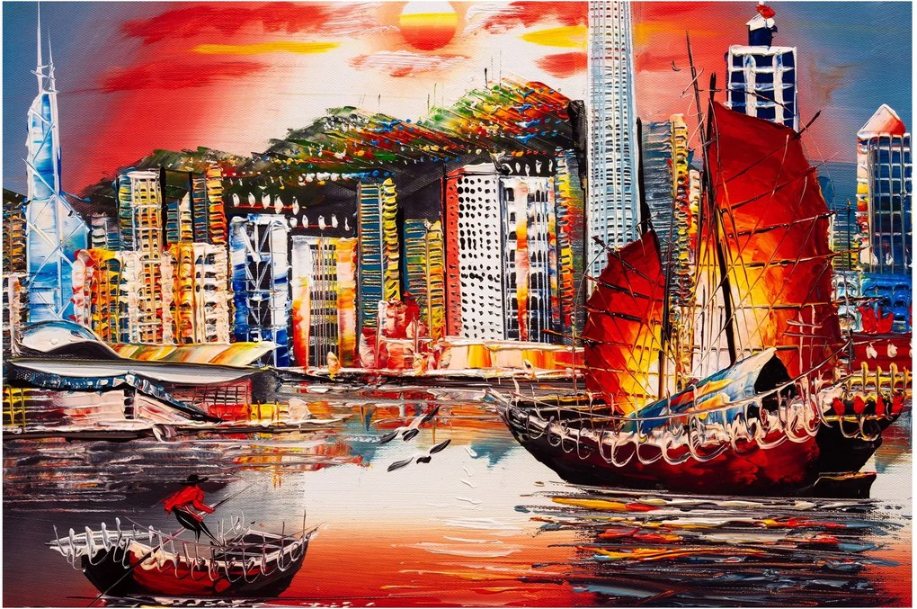 Kép - Victoria Harbour, Hong Kong, olajfestmény (90x60 cm)
