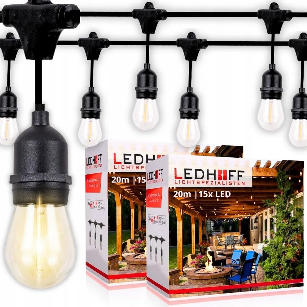 2x Fényfüzér Kerti lámpák erkély teraszra 20m 15x Led izzó