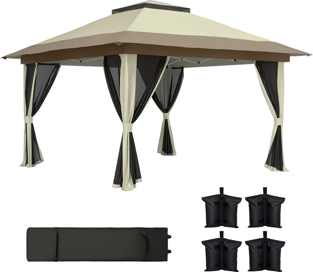 Outsunny Összecsukható Pavilon 3.6x3.6m Gyorsan Felállítható Napernyő 4 Hálós Oldalfallal UV Védelem Állítható Magasságú Homokzsákokkal és Hordozótásk