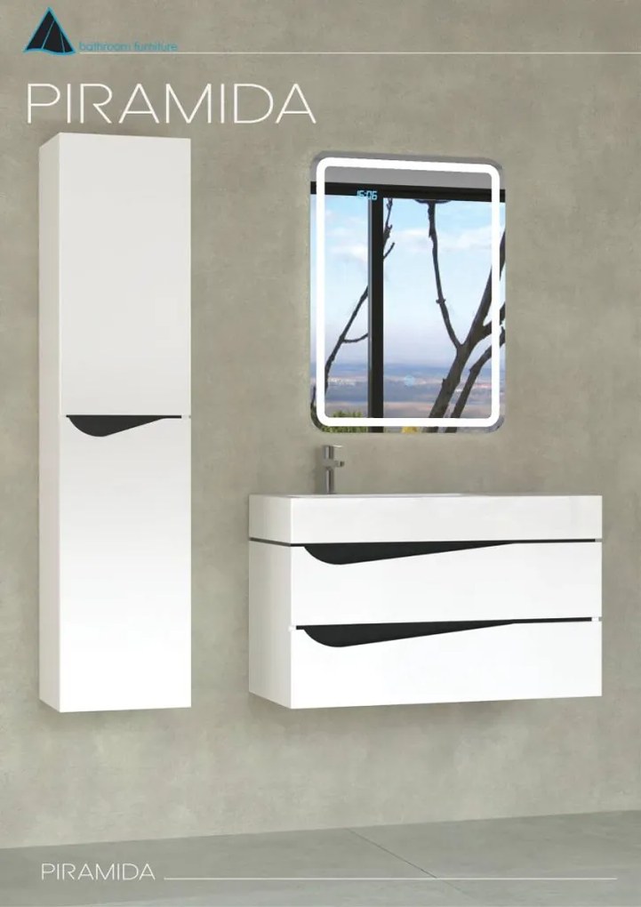 Piramida EURIDIKA fali fürdőszobabútor - műmárvány mosdóval -2 fiókos - ALPINFEHÉR-FEKETE - 90 x 41 x 56 cm