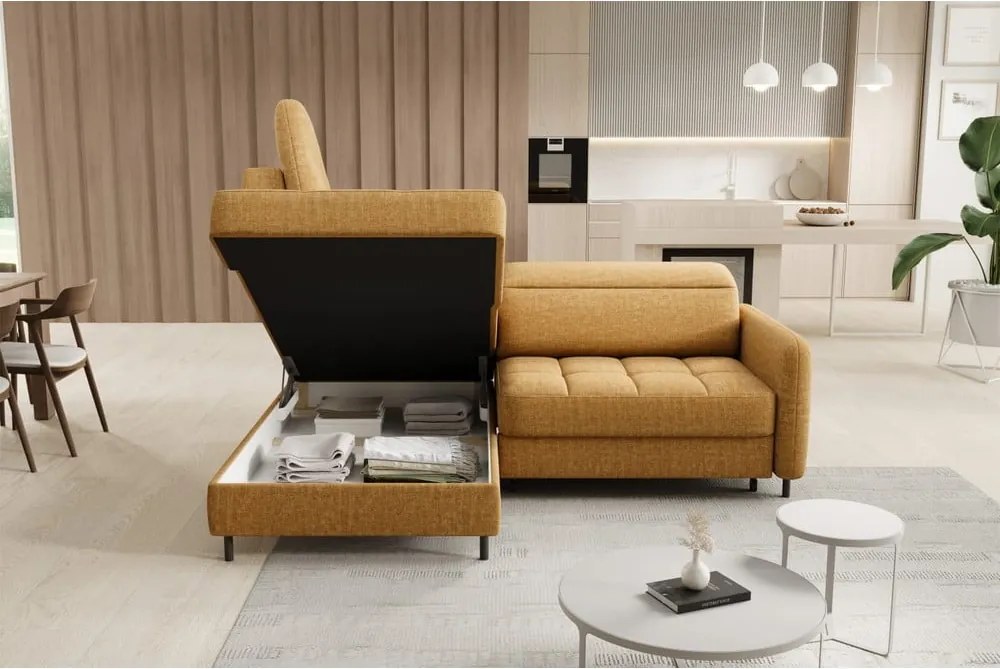 Sárga bársony kinyitható-tárolóhelyes sarokkanapé (bal oldali-L alakú) Barea – ELTAP