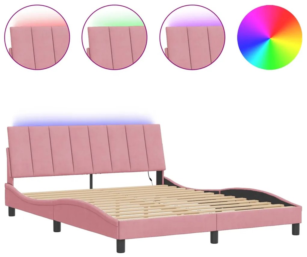 rózsaszín bársony ágykeret LED-ekkel matrac nélkül Hanko 160 x 200 cm