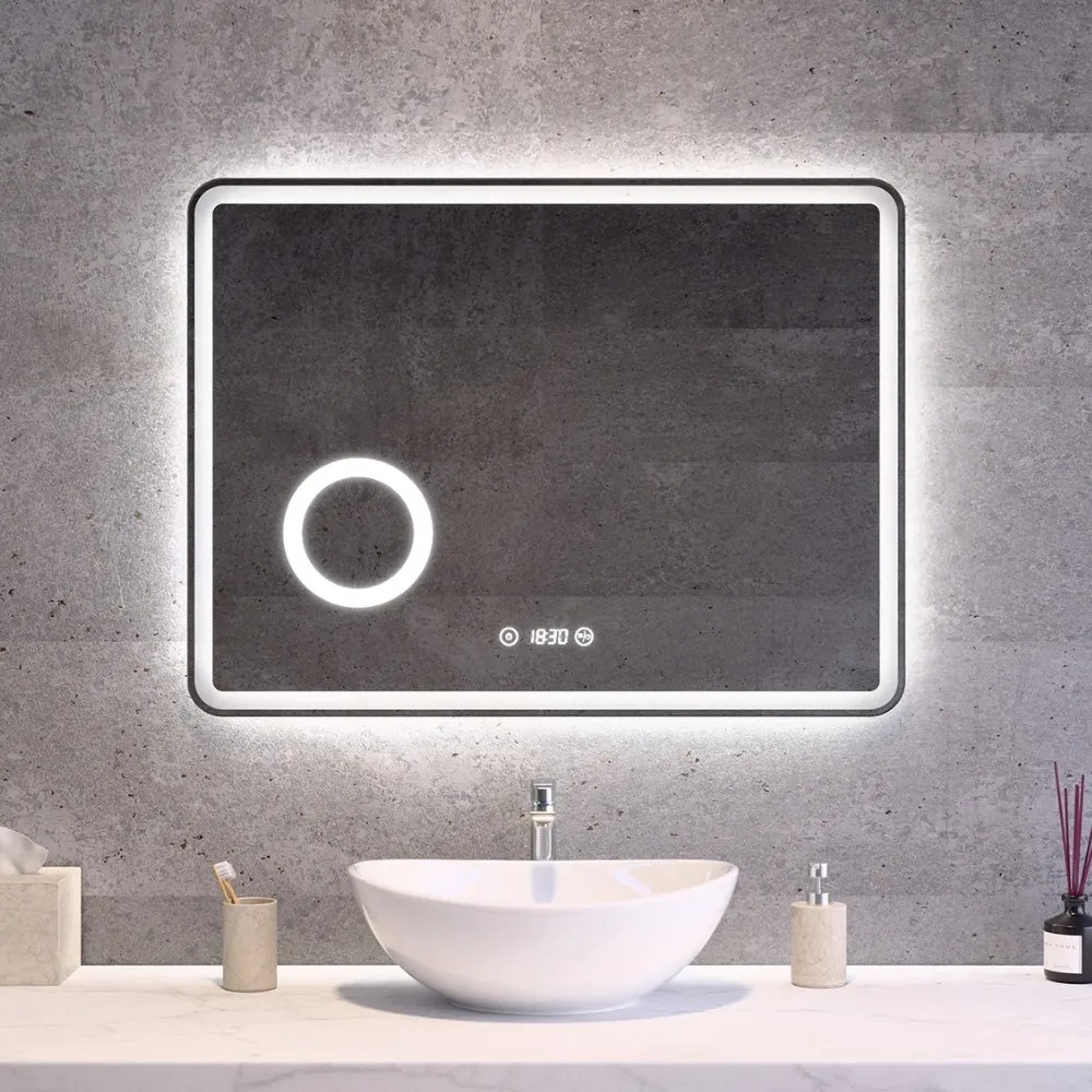 Fürdőszobai LED tükör 80x60cm | Páramentesítő - Kozmetikai tükör - Fényerő + színhőfok állítás - Digitális óra | Welland Luxury-Line G795