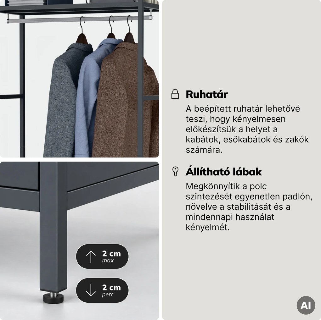 Irodai polc nyitott ruhaakasztó rúddal, recepcióra és váróterembe, fém, antracit, 800x2200x400 mm: ARIEL